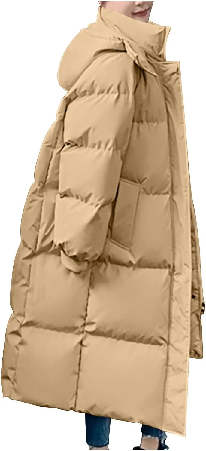 Women's Quilted Lightweight Jackets Winter Long Puffer Jacket Full-Zip Windproof Trench Coat Fashion Hooded down Coats