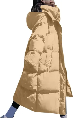 Women's Quilted Lightweight Jackets Winter Long Puffer Jacket Full-Zip Windproof Trench Coat Fashion Hooded down Coats