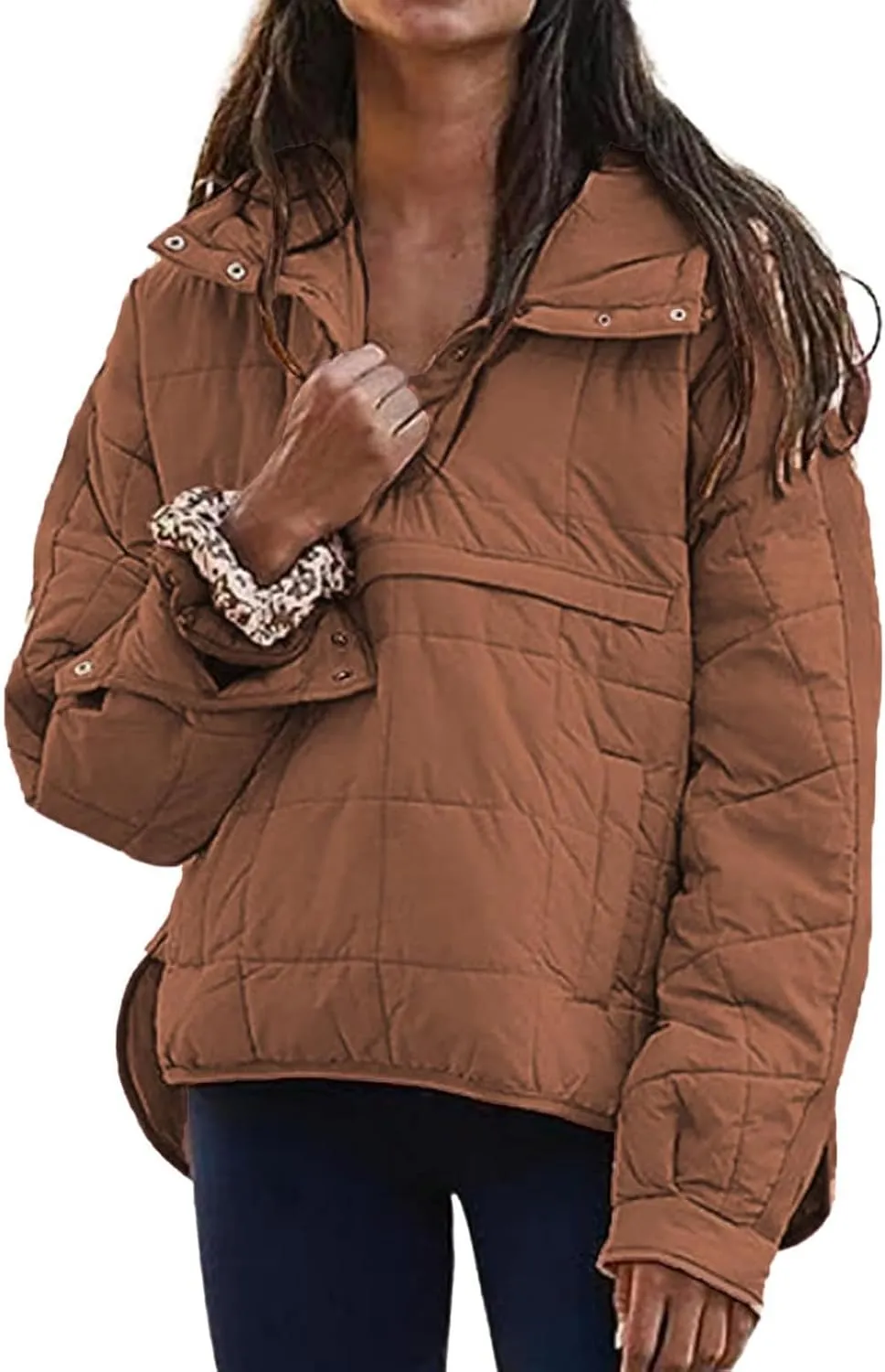 Women's Quilted Pullover Puffer Jacket Oversized Long Hooded Coats Winter Warm Lightweight Outwear with Pocket