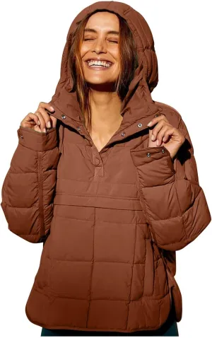 Women's Quilted Pullover Puffer Jacket Oversized Long Hooded Coats Winter Warm Lightweight Outwear with Pocket