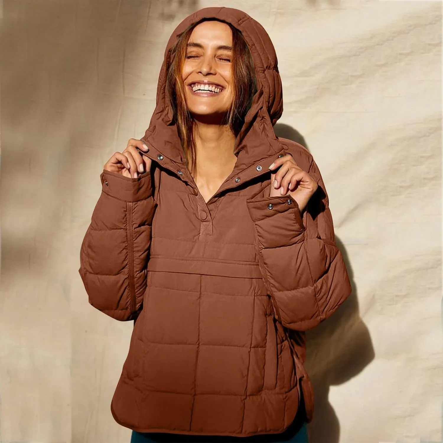 Women's Quilted Pullover Puffer Jacket Oversized Long Hooded Coats Winter Warm Lightweight Outwear with Pocket