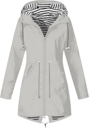 Womens Rain Coat Waterproof Dressy Zip Up Rain Jacket with Pockets Button Fall Raincoat Windbreaker with Hood