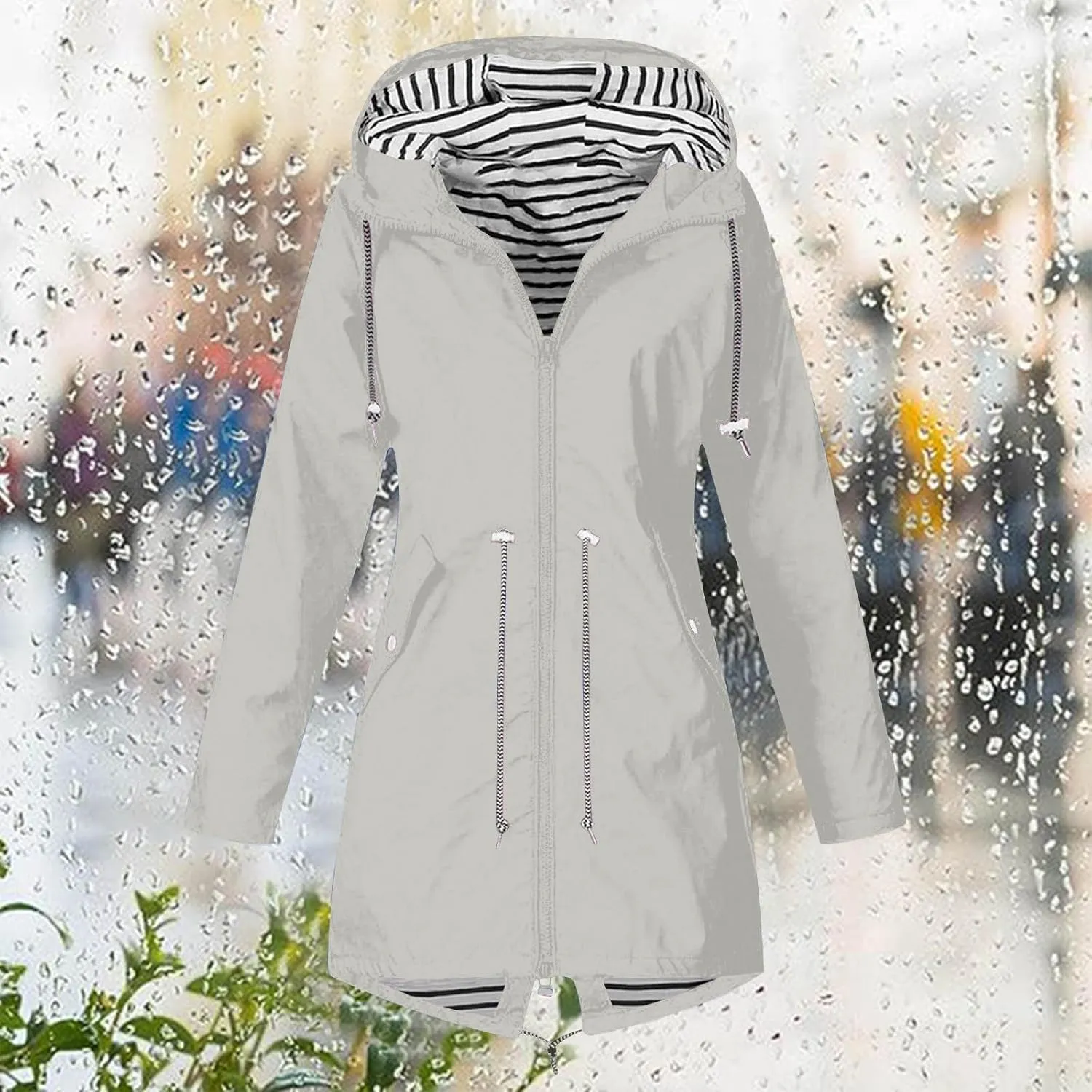 Womens Rain Coat Waterproof Dressy Zip Up Rain Jacket with Pockets Button Fall Raincoat Windbreaker with Hood
