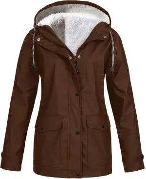 Women's Raincoats Plus Size Fleece-Lined Jacket Waterproof Winter Ski Jacket Outdoor Hooded Hiking Coats Windbreaker