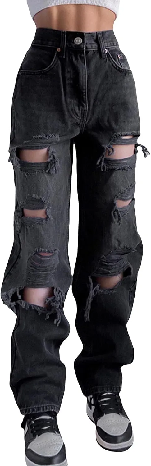 Women's Ripped Boyfriends Jeans High Waist Wide Leg Denim Pants Vintage Loose Distressed Straight Jeans with Pockets