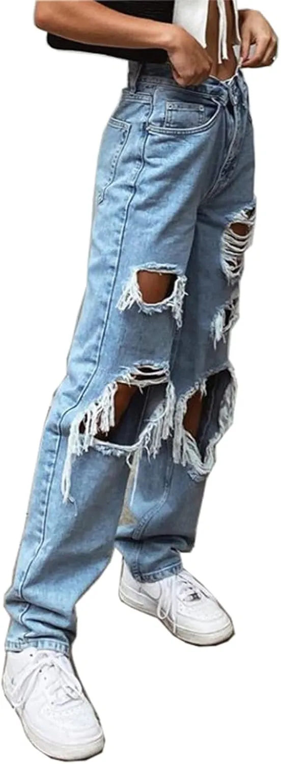 Women's Ripped Boyfriends Jeans High Waist Wide Leg Denim Pants Vintage Loose Distressed Straight Jeans with Pockets