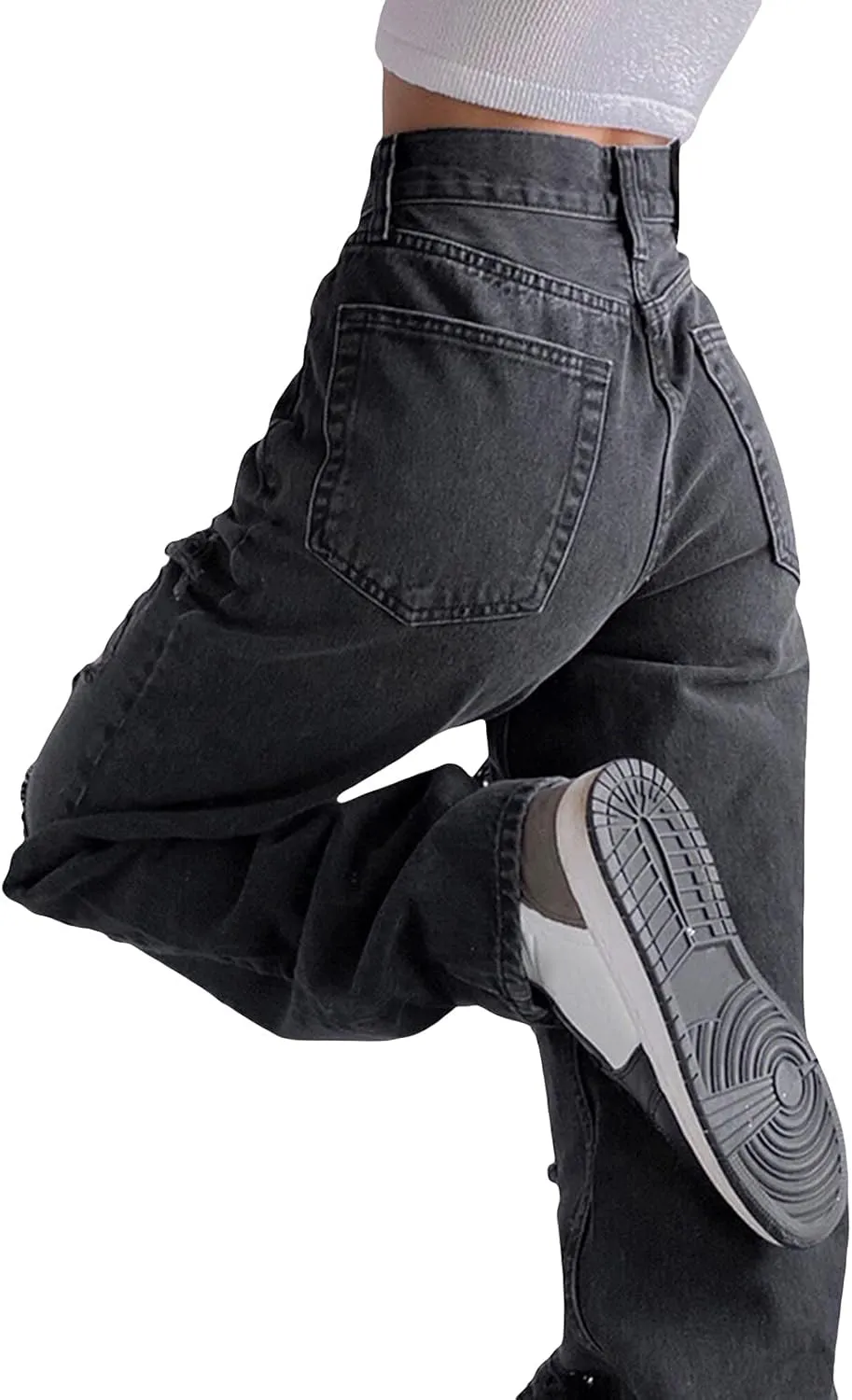 Women's Ripped Boyfriends Jeans High Waist Wide Leg Denim Pants Vintage Loose Distressed Straight Jeans with Pockets