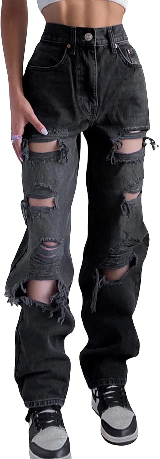 Women's Ripped Boyfriends Jeans High Waist Wide Leg Denim Pants Vintage Loose Distressed Straight Jeans with Pockets