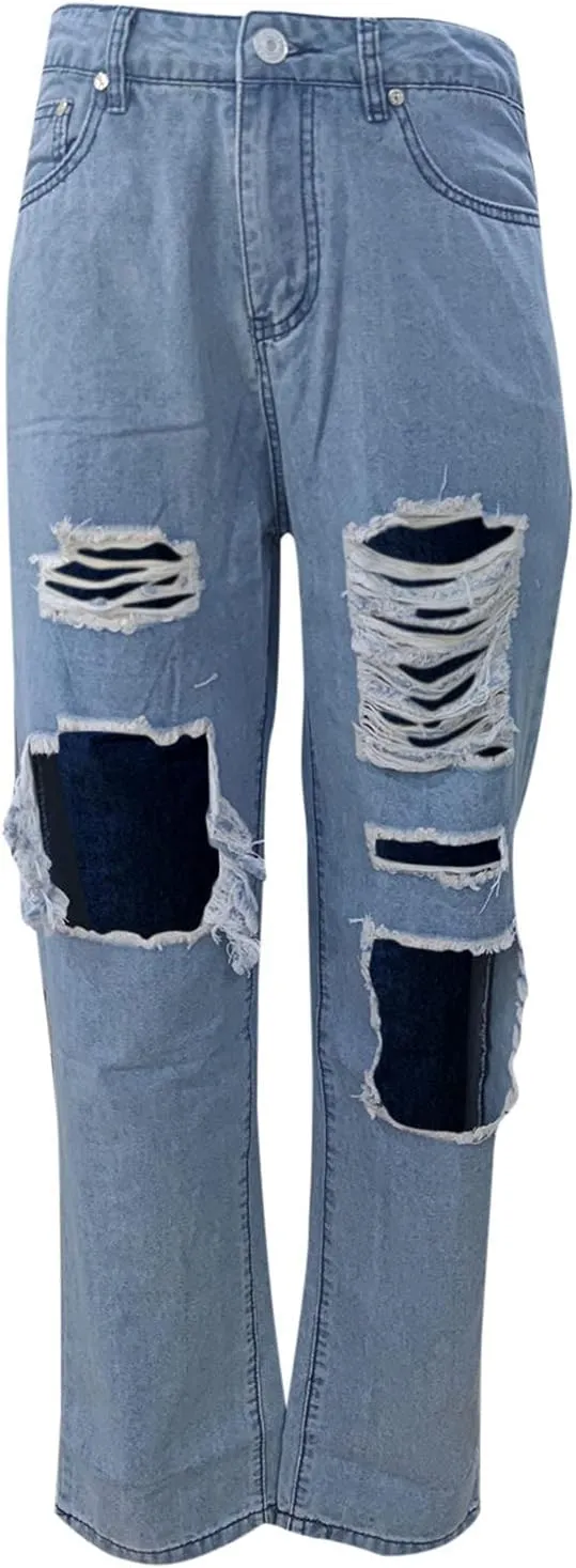 Women's Ripped Boyfriends Jeans High Waist Wide Leg Denim Pants Vintage Loose Distressed Straight Jeans with Pockets