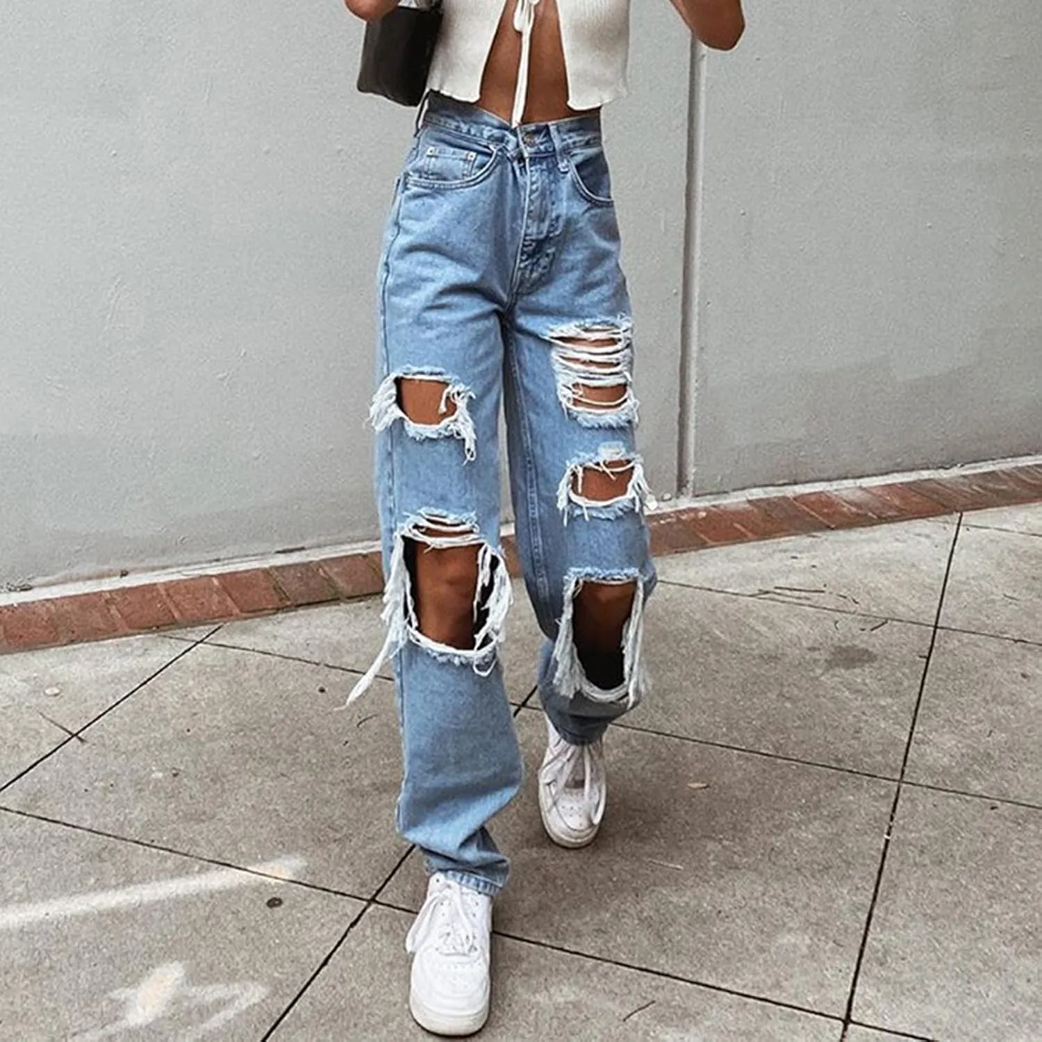 Women's Ripped Boyfriends Jeans High Waist Wide Leg Denim Pants Vintage Loose Distressed Straight Jeans with Pockets