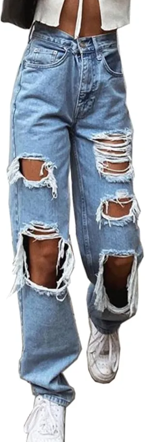 Women's Ripped Boyfriends Jeans High Waist Wide Leg Denim Pants Vintage Loose Distressed Straight Jeans with Pockets