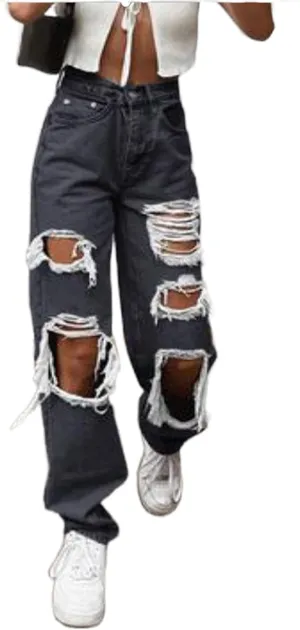 Women's Ripped Boyfriends Jeans High Waist Wide Leg Denim Pants Vintage Loose Distressed Straight Jeans with Pockets