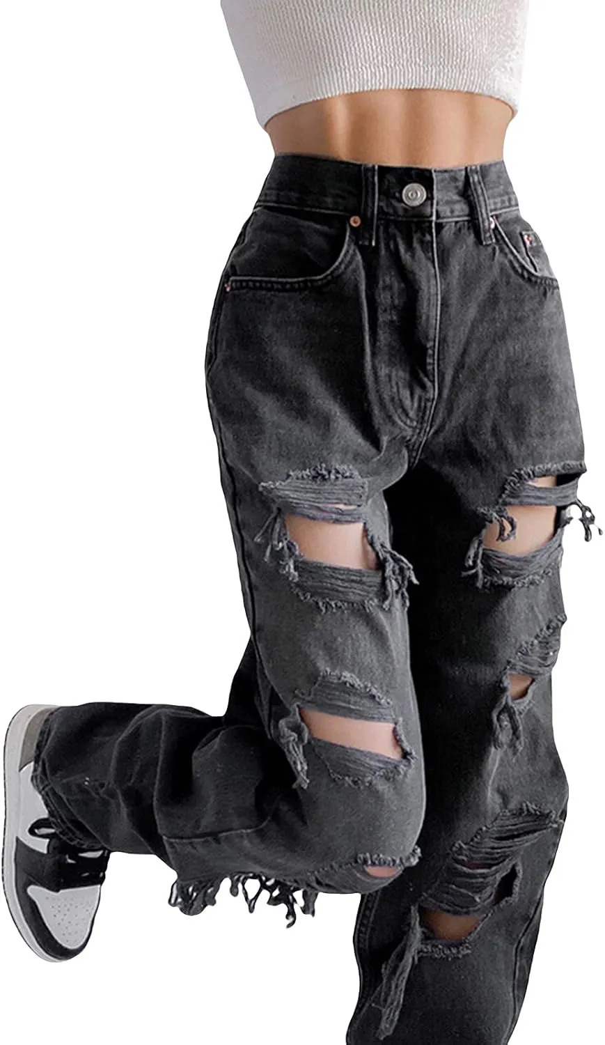 Women's Ripped Boyfriends Jeans High Waist Wide Leg Denim Pants Vintage Loose Distressed Straight Jeans with Pockets