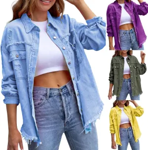 Women's Ripped Denim Jackets Casual Oversized Long Sleeve Solid Lapel Jean Coat Vintage Y2k Basic Trucker Jackets