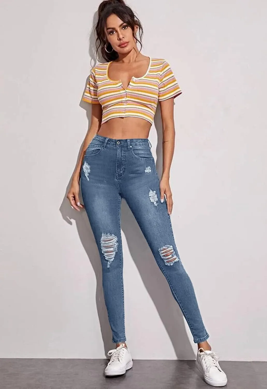 Women's Ripped Mid Waisted Stretch Jeans Distressed Skinny Denim Pants