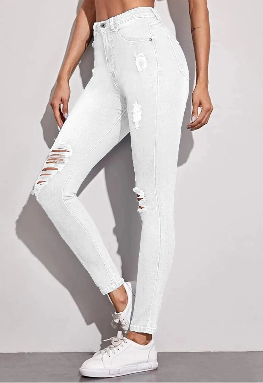 Women's Ripped Mid Waisted Stretch Jeans Distressed Skinny Denim Pants