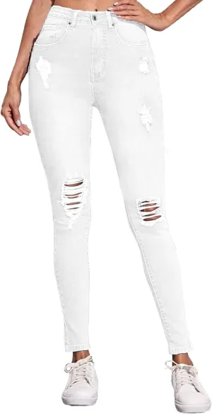 Women's Ripped Mid Waisted Stretch Jeans Distressed Skinny Denim Pants