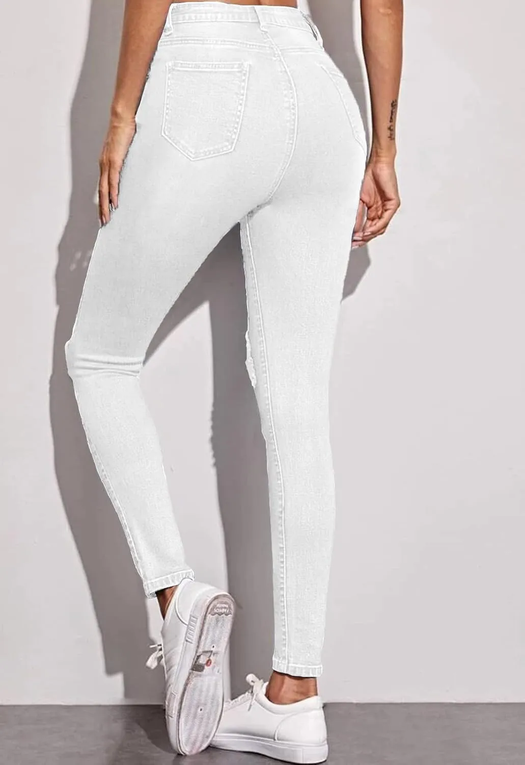 Women's Ripped Mid Waisted Stretch Jeans Distressed Skinny Denim Pants