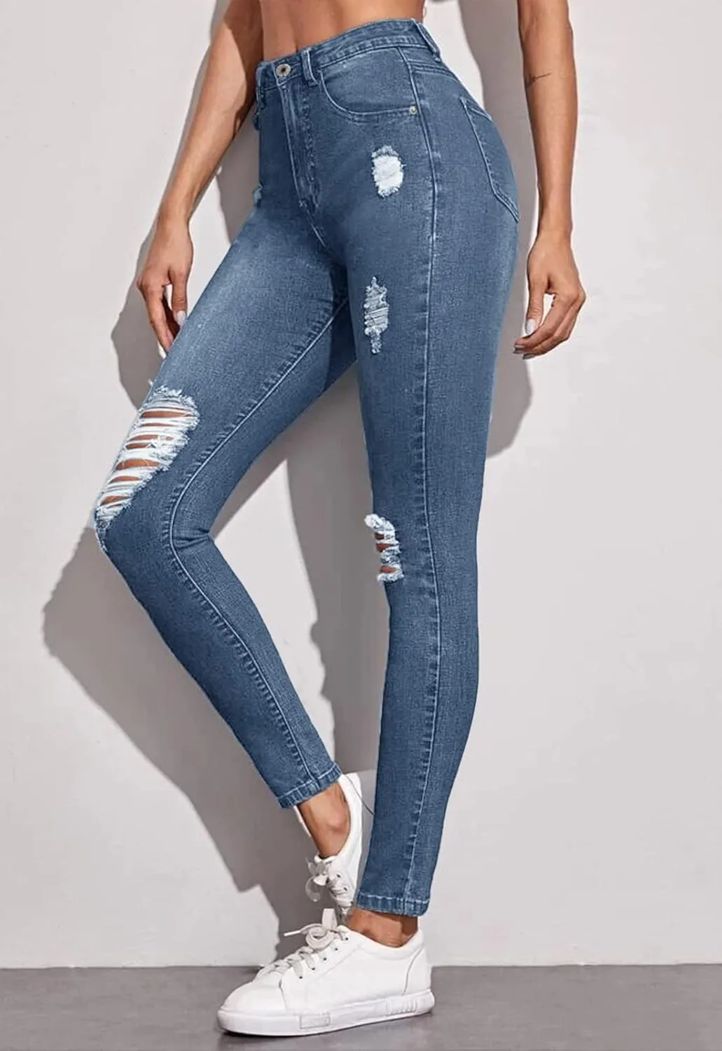 Women's Ripped Mid Waisted Stretch Jeans Distressed Skinny Denim Pants