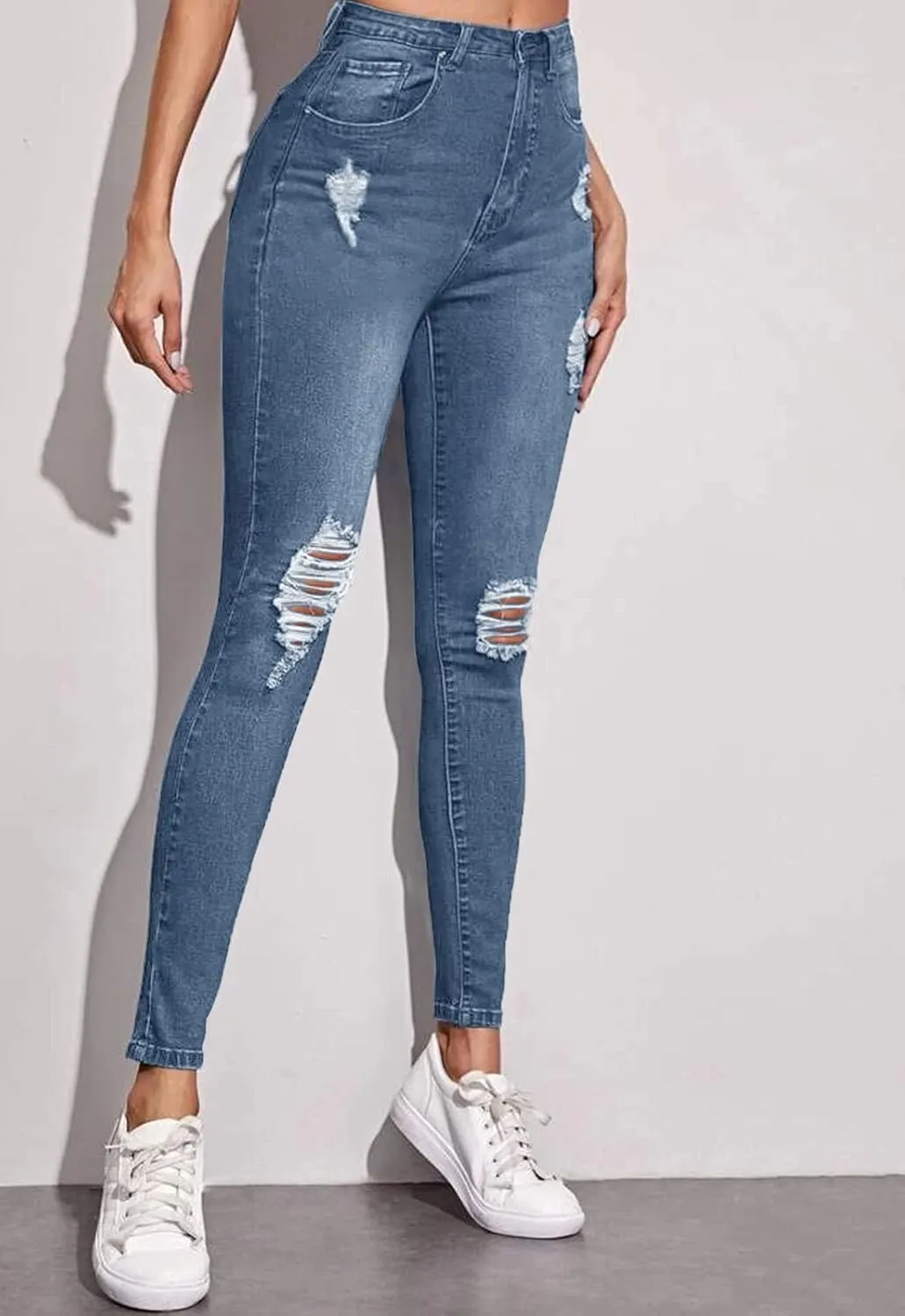 Women's Ripped Mid Waisted Stretch Jeans Distressed Skinny Denim Pants