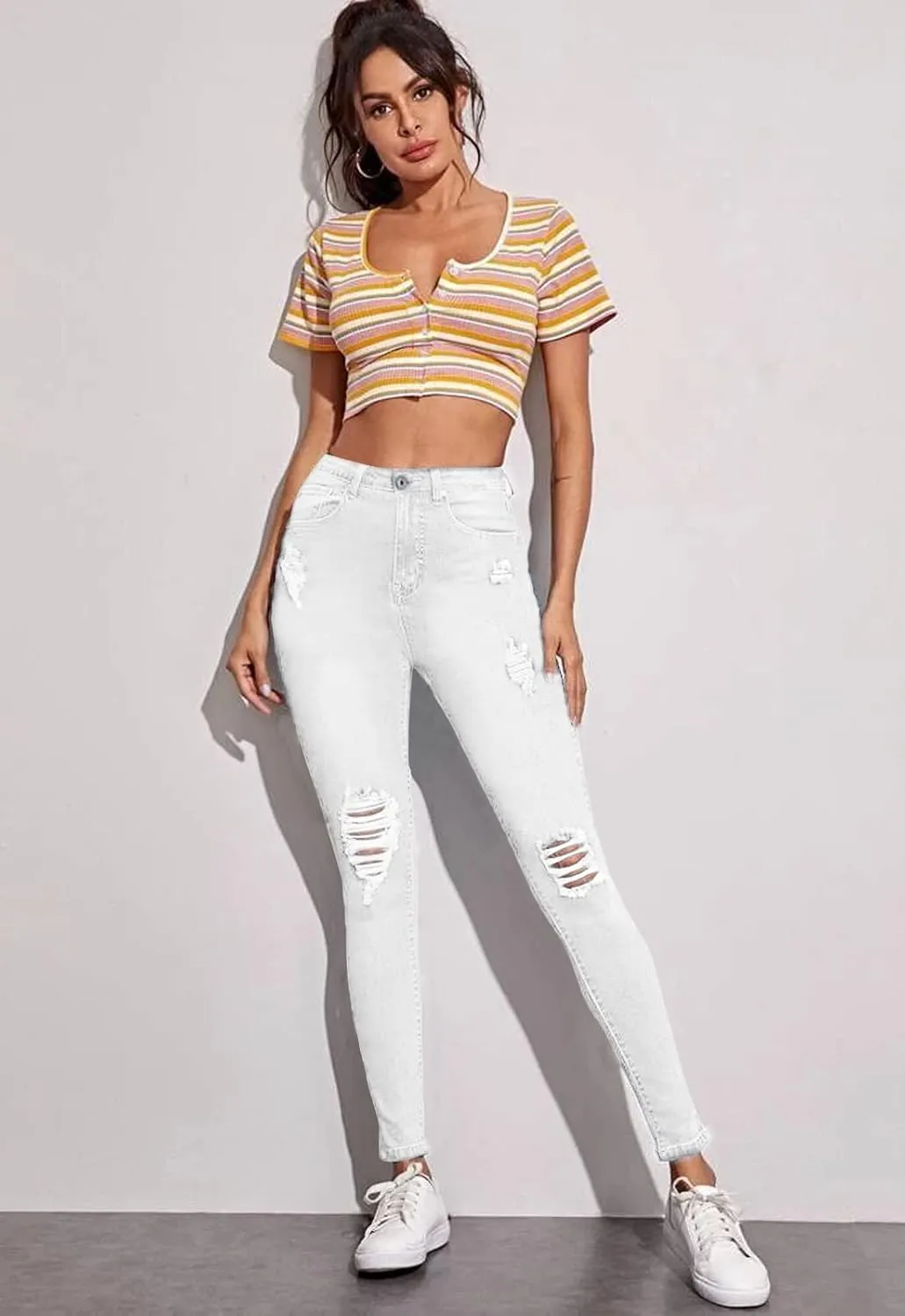 Women's Ripped Mid Waisted Stretch Jeans Distressed Skinny Denim Pants