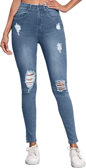 Women's Ripped Mid Waisted Stretch Jeans Distressed Skinny Denim Pants