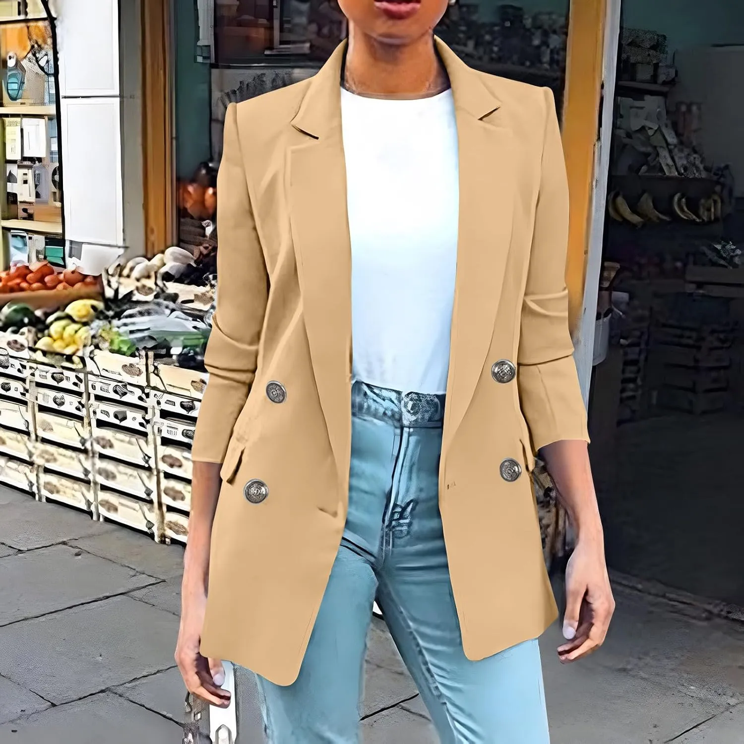 Womens Solid Color Casual Long Sleeve Lapel Double Breasted Open Front Blazer Jacket Lady Business Work Suit Jacket