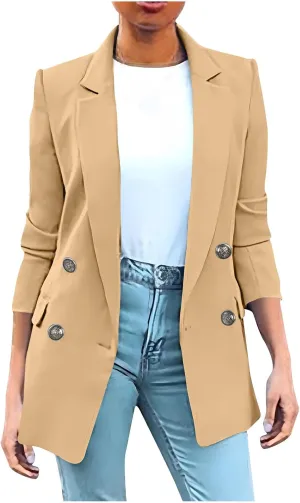 Womens Solid Color Casual Long Sleeve Lapel Double Breasted Open Front Blazer Jacket Lady Business Work Suit Jacket