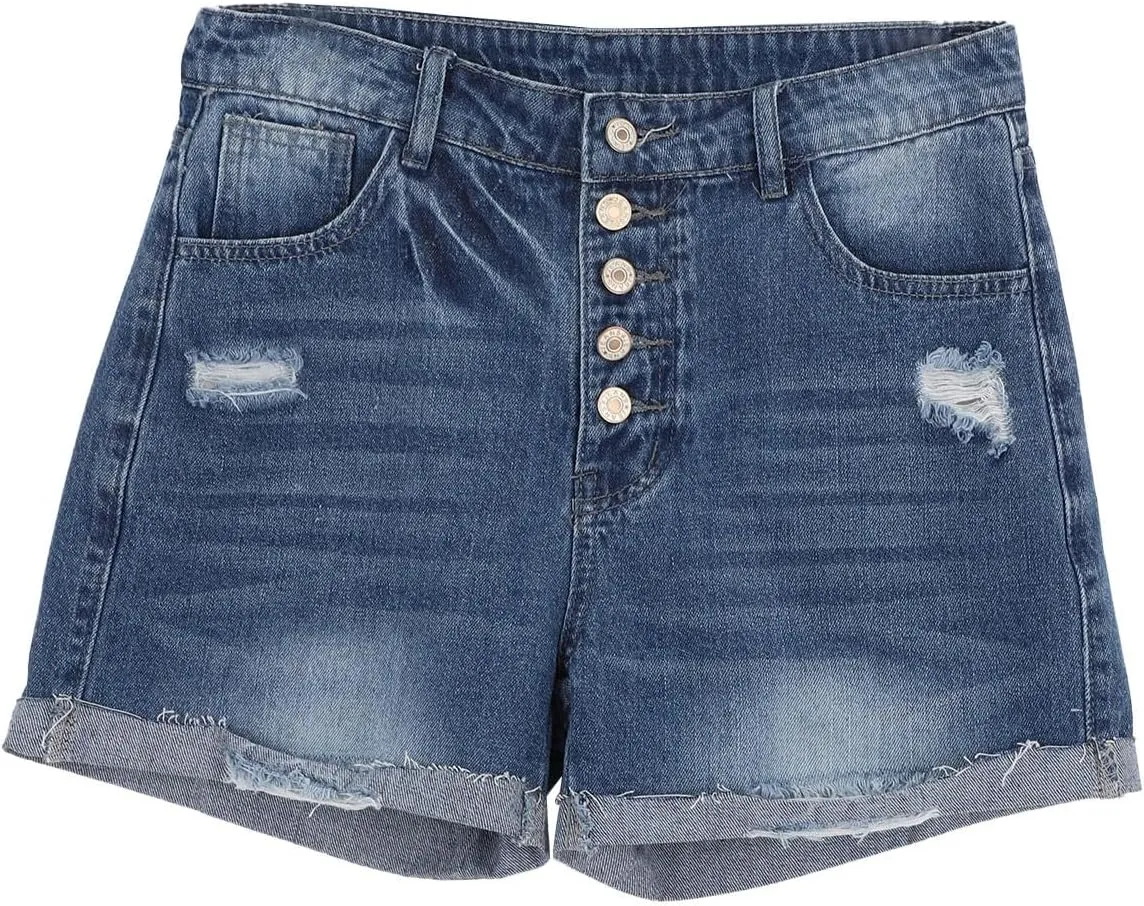 Womens Split Hem High Waist Denim Skorts Skirt Shorts Button Ripped Jeans Skort Fringed Distressed Denim Mini Pant