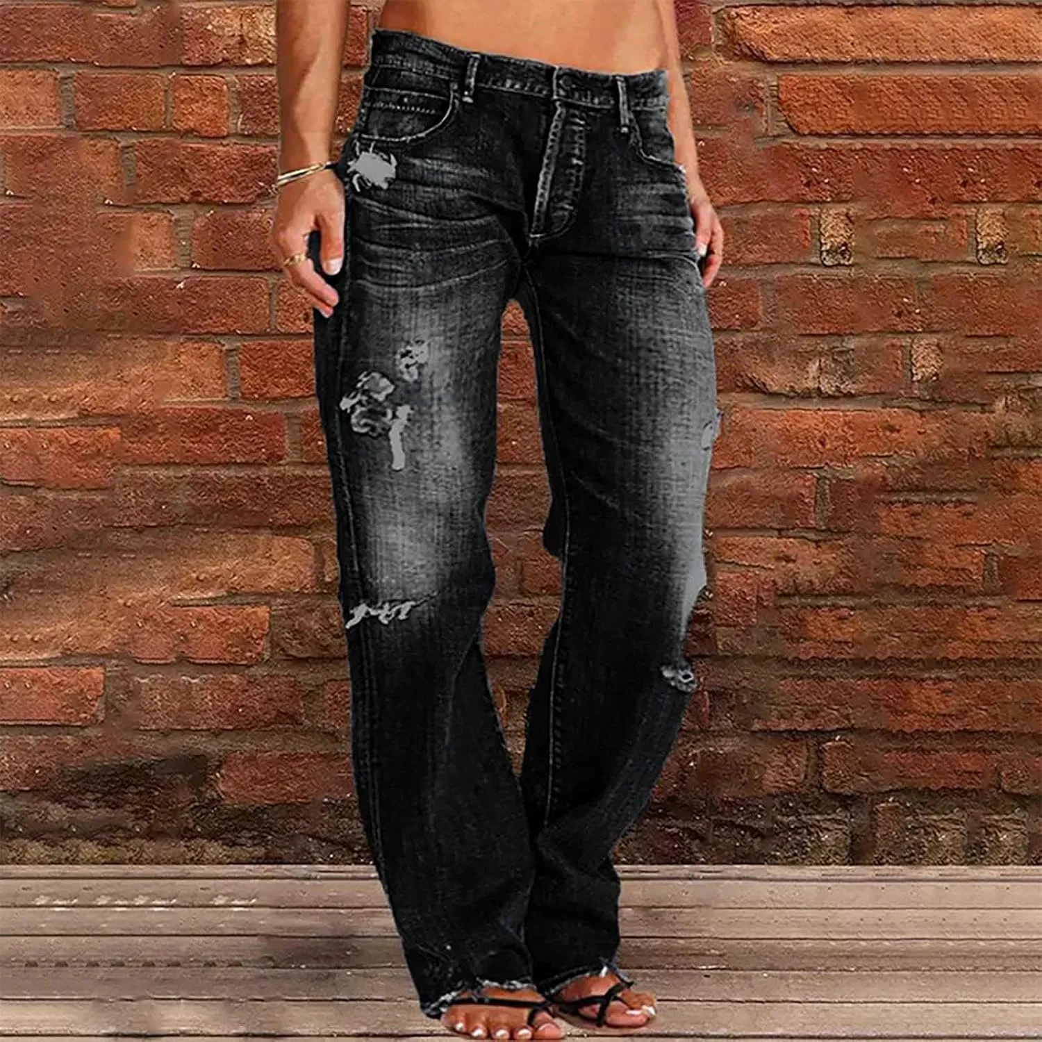 Women's Straight Leg Jeans Button Down Low Rise Ripped Jeans Plus Size Boyfriend Distressed Denim Pants with Pocket