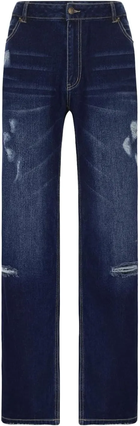 Women's Straight Leg Jeans Button Down Low Rise Ripped Jeans Plus Size Boyfriend Distressed Denim Pants with Pocket