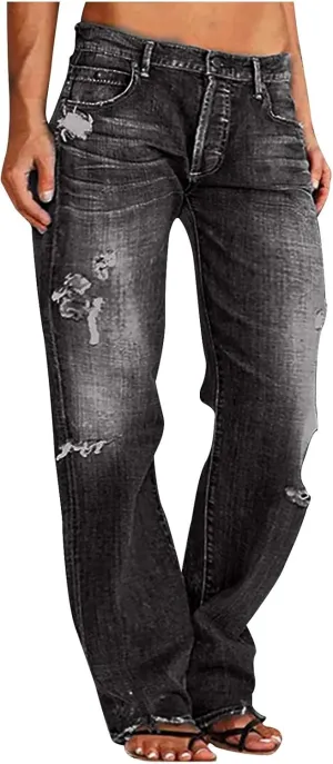 Women's Straight Leg Jeans Button Down Low Rise Ripped Jeans Plus Size Boyfriend Distressed Denim Pants with Pocket