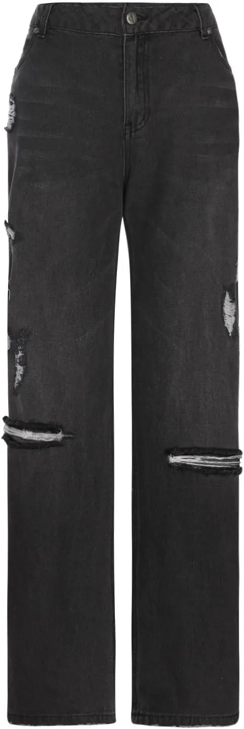 Women's Straight Leg Jeans Button Down Low Rise Ripped Jeans Plus Size Boyfriend Distressed Denim Pants with Pocket