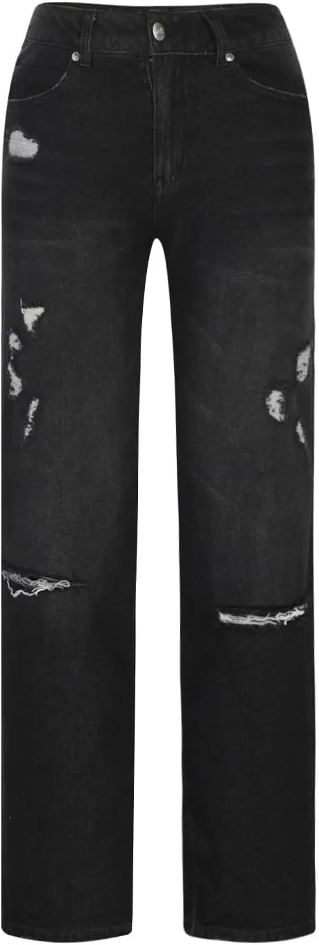 Women's Straight Leg Jeans Button Down Low Rise Ripped Jeans Plus Size Boyfriend Distressed Denim Pants with Pocket