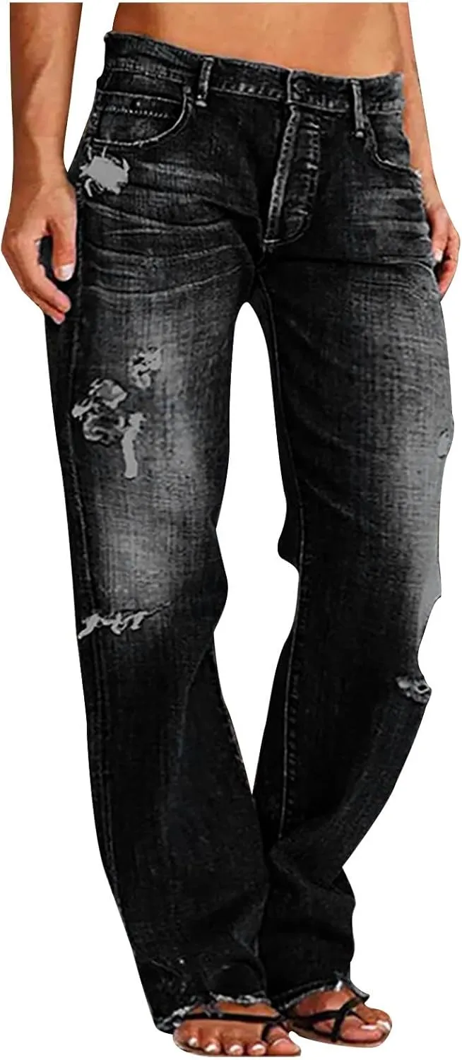 Women's Straight Leg Jeans Button Down Low Rise Ripped Jeans Plus Size Boyfriend Distressed Denim Pants with Pocket