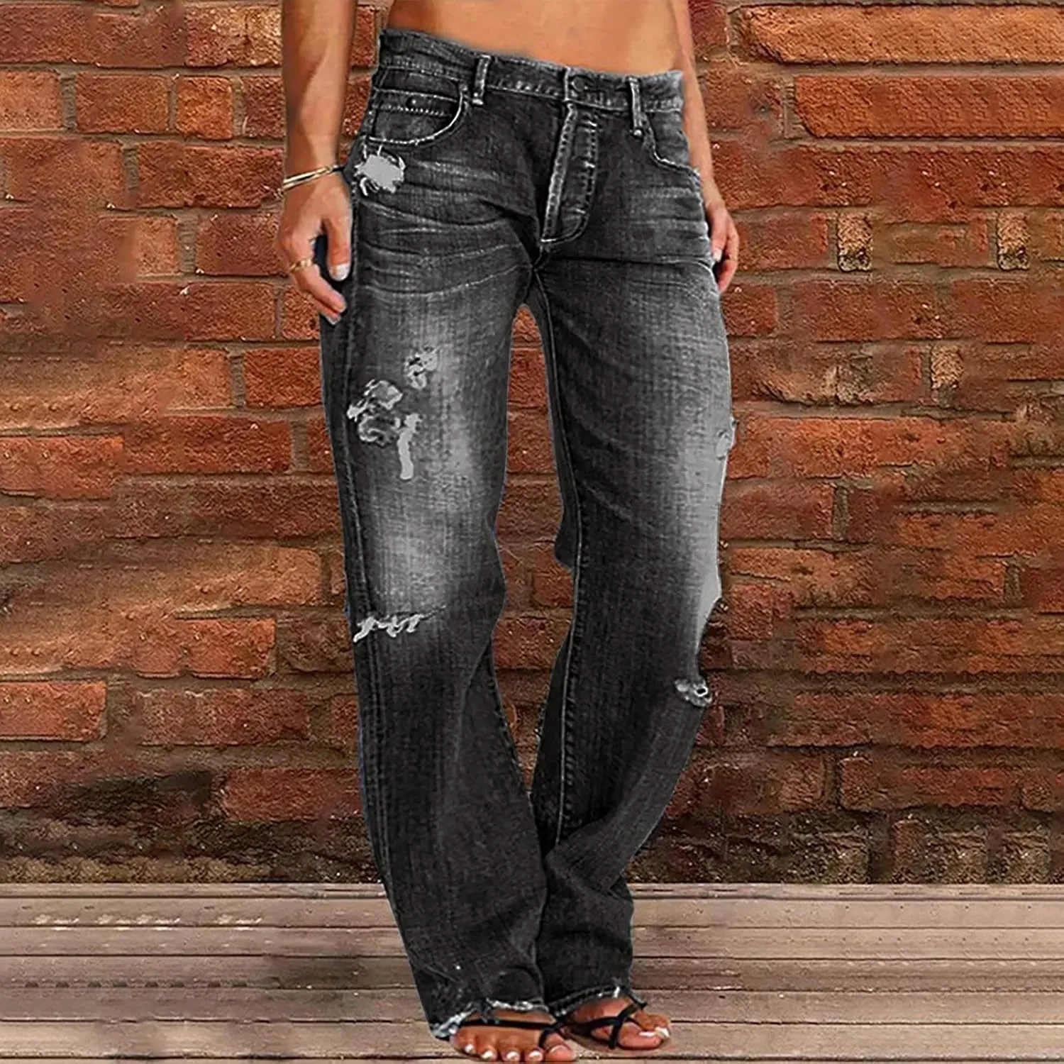 Women's Straight Leg Jeans Button Down Low Rise Ripped Jeans Plus Size Boyfriend Distressed Denim Pants with Pocket