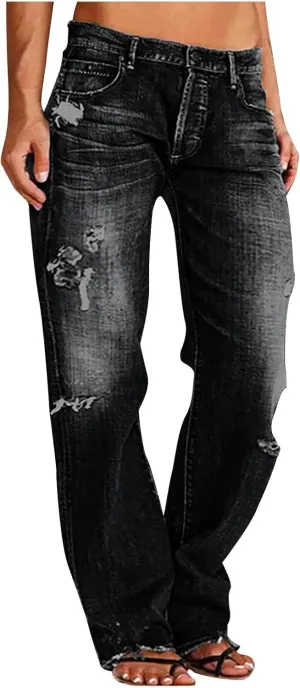 Women's Straight Leg Jeans Button Down Low Rise Ripped Jeans Plus Size Boyfriend Distressed Denim Pants with Pocket