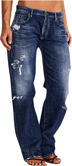 Women's Straight Leg Jeans Button Down Low Rise Ripped Jeans Plus Size Boyfriend Distressed Denim Pants with Pocket