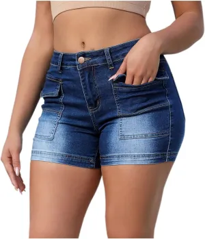 Womens Stretchy Jeans High Waisted Shorts Trendy Button Denim Shorts Summer Elastic Cut Off Jeans Pants with Pocket