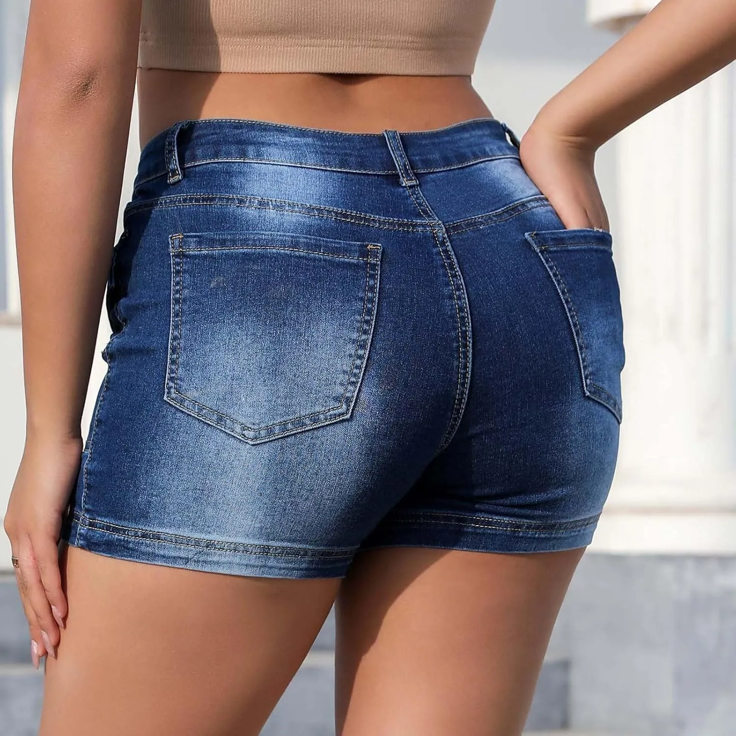 Womens Stretchy Jeans High Waisted Shorts Trendy Button Denim Shorts Summer Elastic Cut Off Jeans Pants with Pocket