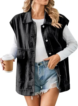 Womens Vintage Denim Jean Vest Oversized Button Down Sleeveless Lapel Collar Waistcoat Jean Vest Top with Pockets