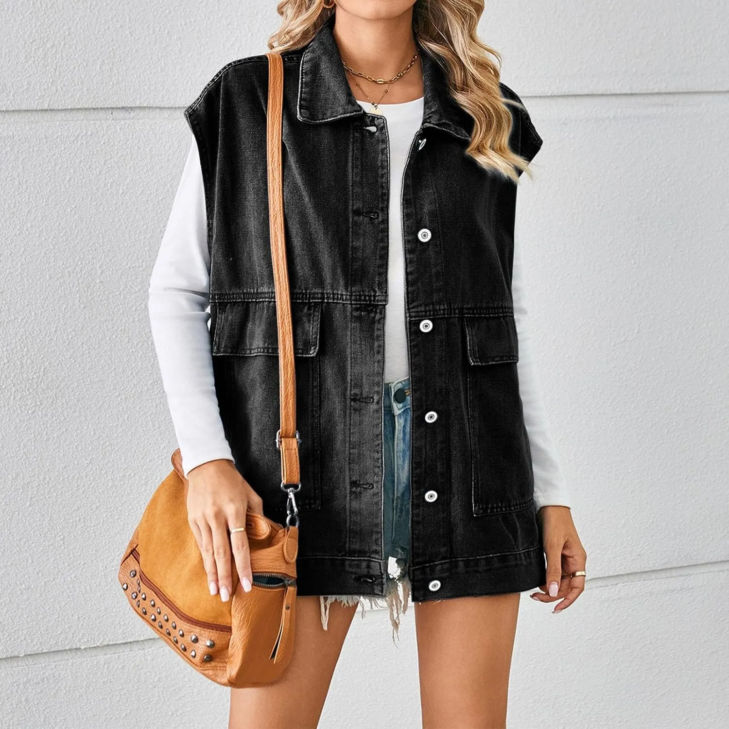 Womens Vintage Denim Jean Vest Oversized Button Down Sleeveless Lapel Collar Waistcoat Jean Vest Top with Pockets