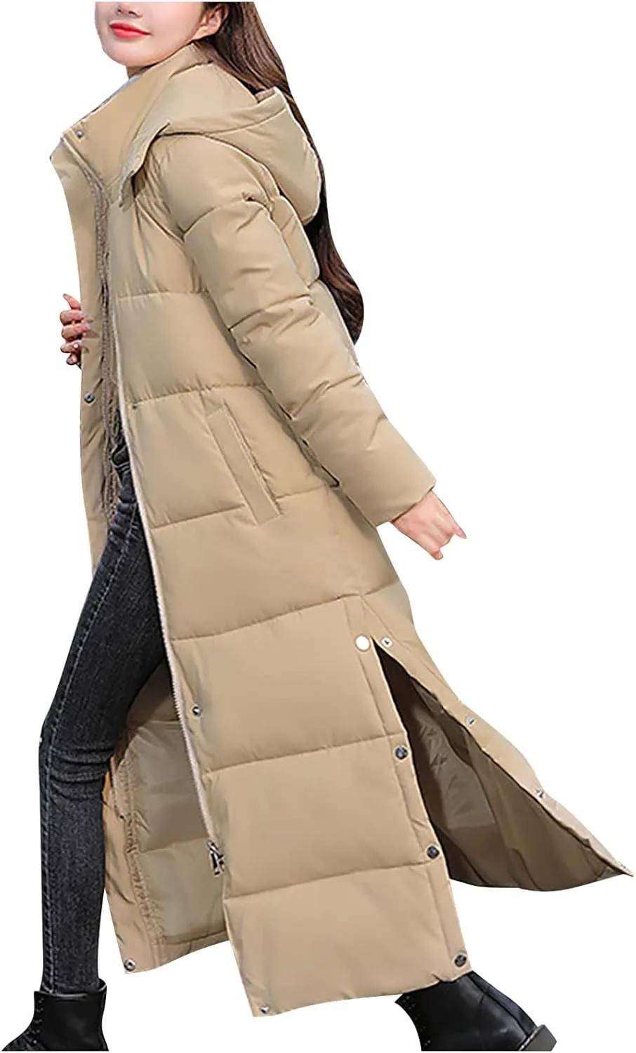 Women's Winter Hooded Long down Coats Jackets Maxi Parka Quilted Puffer Snow Jackets Outerwear with Side Button Hem