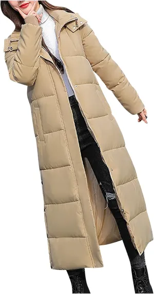 Women's Winter Hooded Long down Coats Jackets Maxi Parka Quilted Puffer Snow Jackets Outerwear with Side Button Hem