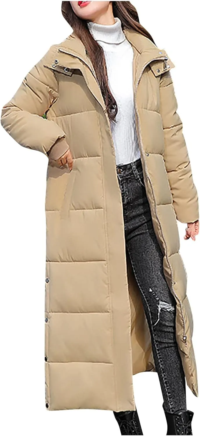 Women's Winter Hooded Long down Coats Jackets Maxi Parka Quilted Puffer Snow Jackets Outerwear with Side Button Hem