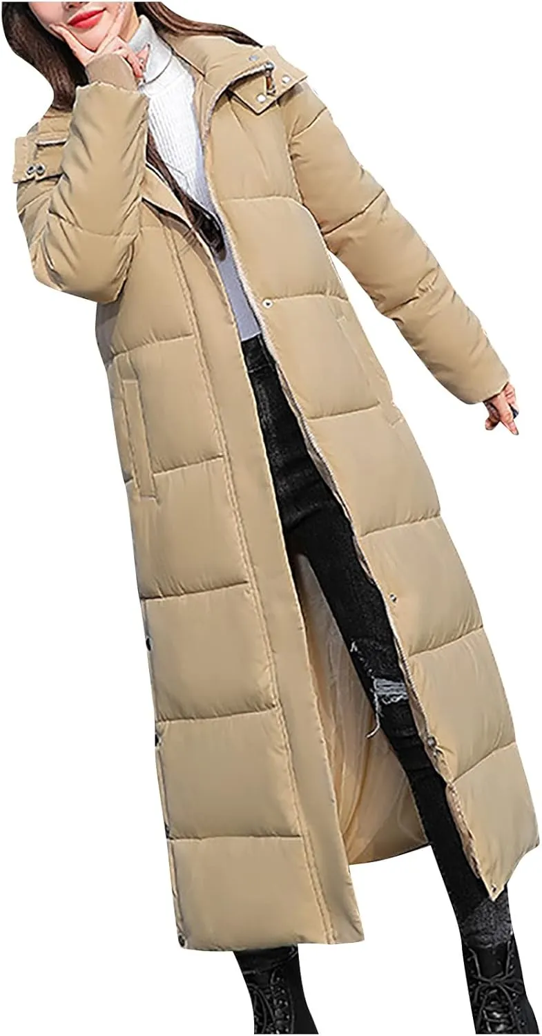 Women's Winter Hooded Long down Coats Jackets Maxi Parka Quilted Puffer Snow Jackets Outerwear with Side Button Hem