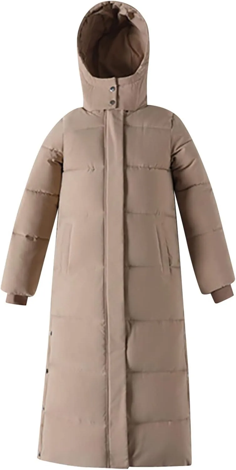 Women's Winter Hooded Long down Coats Jackets Maxi Parka Quilted Puffer Snow Jackets Outerwear with Side Button Hem