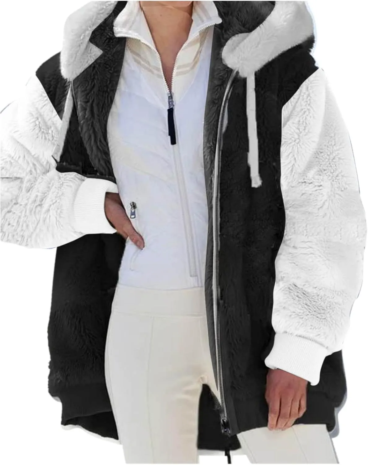 Womens Winter Jacket Coats Pockets Cute Hooded Pullover Sweatershirt Solid Artificial Wool Thermal Sweatshirt Long