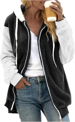 Womens Winter Jacket Coats Pockets Cute Hooded Pullover Sweatershirt Solid Artificial Wool Thermal Sweatshirt Long
