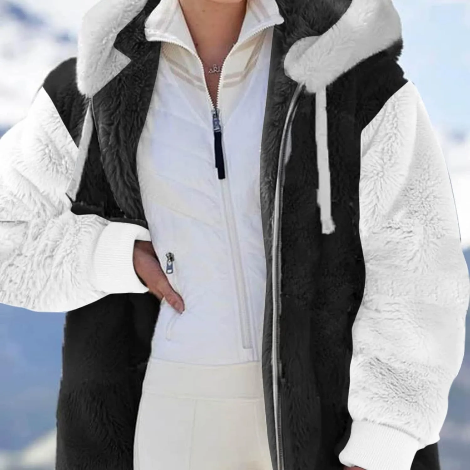 Womens Winter Jacket Coats Pockets Cute Hooded Pullover Sweatershirt Solid Artificial Wool Thermal Sweatshirt Long